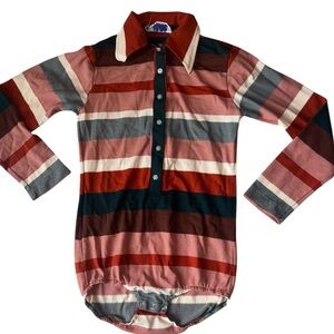 Vintage 1970s Nylon Stripe Wide Lapel Body Suit